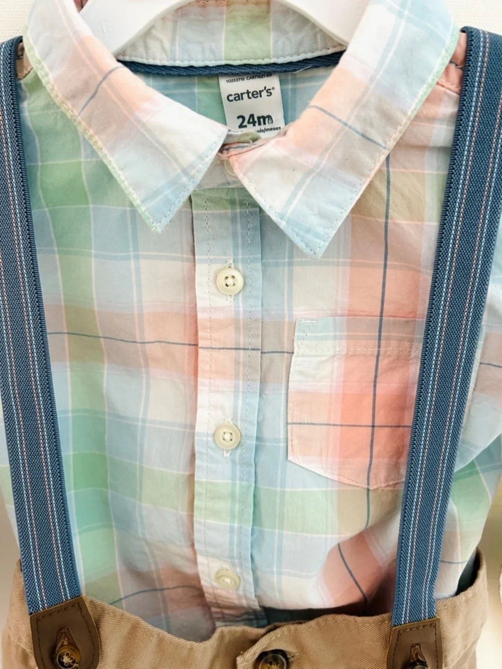 Carter’s 24M Boys Outfit Plaid Shirt Suspenders Khaki Pants Set